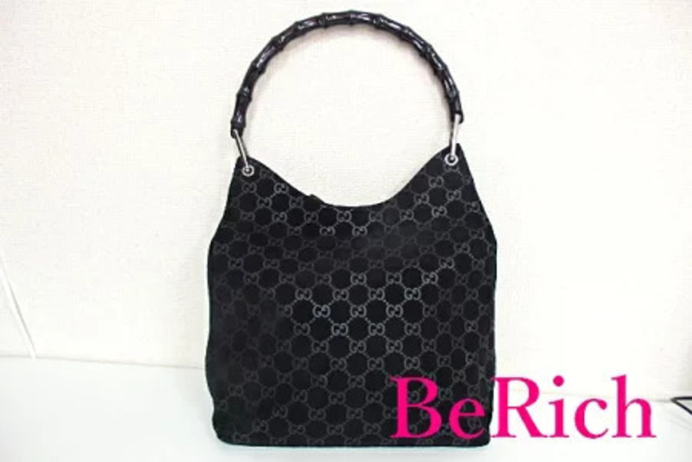 Gucci Shoulder Bag Bamboo GG Black Suede Hobo Handbag